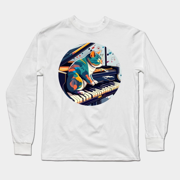 Musician Cat Lover Colorful - Cat Playing Piano Long Sleeve T-Shirt by William Edward Husband